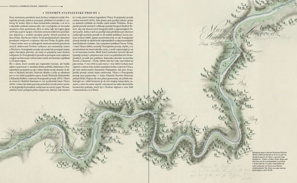 Rukopisná mapa Vltavy se Svatojánskými proudy - dvoustrana z knihy Výlet k Vltavě do Svatojánských proudů